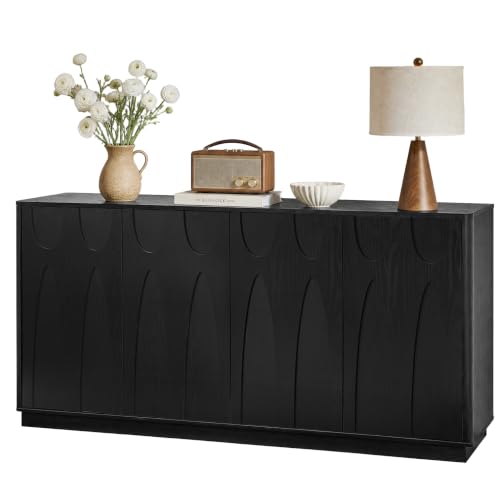 64" Sideboard Buffet Cabinet with Storage, 4 Doors Modern Storage Sideboard Cabinet with Adjustable Shelf Mid Century Accent Sideboard Large Credenza for Living Room Kitchen, Black - color: Black-1, size: 4 Door-1PC