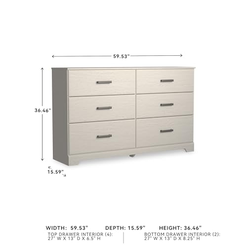 Signature Design by Ashley Stelsie 6 Drawer Bedroom Dresser, White, 60 Inch | Durable engineered wood with replicated grain, 6 deep smooth-gliding drawers, Ample clothing organization - color: White, style: 6 Drawer Dresser