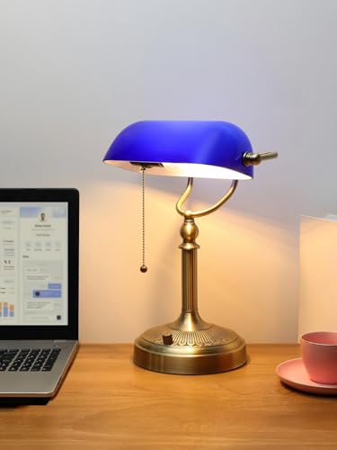 Blue Stepless Dimmable Glass Bankers Desk Lamp | Table Lamp Plug in Fixture for Study Home Office, LED Bulb Included - color: Blue-Dimmable