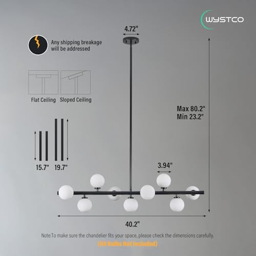 Mid Century Modern Globe Sputnik Chandelier, 9-Light Linear Chandeliers for Dining Room and Kitchen Island, Dining Light Fixture Over Table, Black and Milk White Glass Bubble, 40 Inch - color: Black Milk White, size: 9-Light 40 Inch