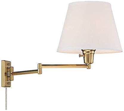 Valentine Warm Gold Swing Arm Plug-In Wall Lamps Set of 2 Light Fixture | Modern White Linen Hardback Shade for Bedroom Bedside House Reading Living Room Home Hallway Dining