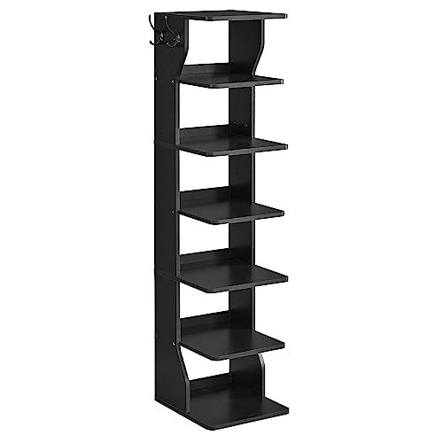 VASAGLE 7-Tier Vertical Shoe Rack, Narrow Shoe Storage Organizer with Hooks | Slim Corner Tower Shelf, Space Saving for Entryway and Bedroom, Ink Black, ISLAND Collection ULBS200T16 - color: Black, size: 7 Tiers (10.4"W)