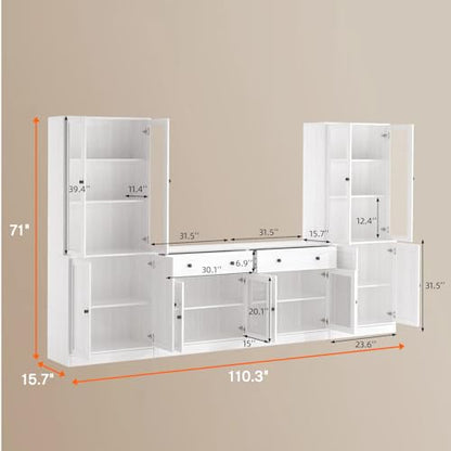 TUSY 71" TV Stand Storage Set - 2 Tall Bookcases & 2 Side Cabinets, Media Console with Glass & Wood Doors, Entertainment Center with Drawers, Tall Media Console for Living Room (White, AFFA) - color: White