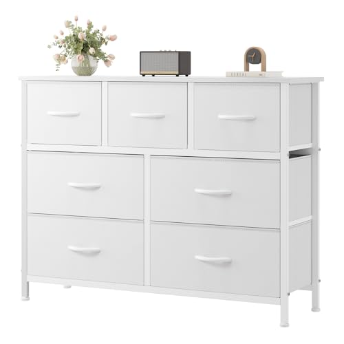 OLIXIS 7 Drawer Fabric Dresser, Storage Tower for Bedroom and Closet | White Easy-Pull Bins for Closet Organizers, Chest of Drawers with Sturdy Steel Frame & Wooden Top for Living Room, Entryway - color: White, size: 11.8"D x 39.4"W x 30.1"H (7 Drawers)