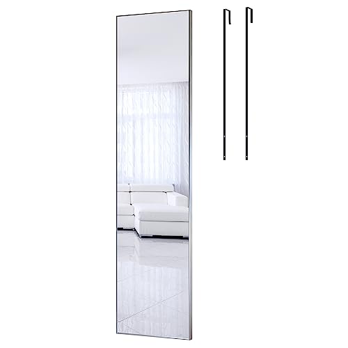 ANYHI 47"x12" Full Length Mirror Over the Door Hang or Wall Mounted, Silver | Aluminum Alloy Frame, 2 Hooks, HD Glass, Easy Install, Full Body Mirrors for Bedroom, Living Room, Entryway, Dressing Room - color: Silver, size: 47"L x 12"W
