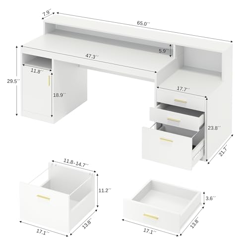 65" White Computer Desk with 3 Drawers & Printer Shelf for Home Office | White Desk with Printer Shelf & File Drawer, Executive Desk Writing Study Table with Monitor Stand, Storage Cabinet - color: White