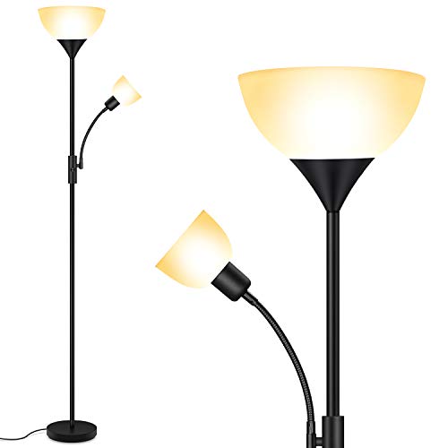 Floor Lamp, Standing Lamp, Torchiere Floor Lamp with Adjustable Reading Lamp, 71" Tall Pole Lamps, 3 Way Switch, Plastic Lampshade, Corner Floor Lamps for Living Room, Bedroom(E26 Base, No Bulb)-Black - color: Black Floor Lamp(No Bulb)