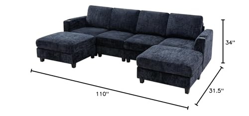 110" Convertible U-Shape Couch with 2 Flexible Ottomans, Blue | Soft Sectional Sofa with Durable Cup Holders, Chenille 4 Seater Sofa with Well-Filled Backrest for Living Room, House - color: Blue, size: 110" U-Shape