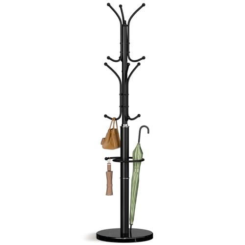 Yoobure Metal Coat Rack Freestanding with Marble Base, Coat Tree with 12 Hooks & Umbrella Holder, Coat Hanger Stand for Corner Entryway Bedroom Office, Heavy Duty Coat Rack Stand for Clothes Hats Bags - color: Black
