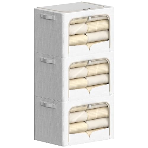 FHSQX 3 Pack Clothes Storage Bins - Foldable Metal Frame Storage Box - Stackable Linen Fabric Container Organizer Set with Carrying Handles and Clear Window (Cream White, 19.7x15.7x13inch(66L)) - color: Cream White, size: 19.7x15.7x13inch(66L)