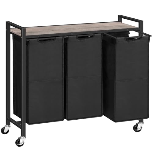 HOOBRO Laundry Sorter 3 Section, Laundry Hamper with Wheels, 3 × 11.5 Gal (43.4L), Rolling Laundry Basket, Pull-Out and Removable Oxford Fabric Bags, Greige and Black BG76XY01 - color: Greige + Black