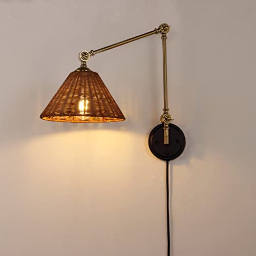 WINGBO Wall Sconce Rattan Wrapped Wall Lamp, Adjustable Swing Arm Wall Light Foldable Gold Light Fixture Vintage Bedside Light Wicker Handmade Shade Reading Light Plug in or Hardwire Gold/Black - color: Gold/Black