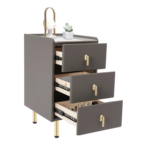 Night Stand, Modern Nightstand with Solid Wood Drawers, Tall Bedside Tables with Carbon Steel Legs, Slim Bedside Cabinet for Small Spaces, 12 W x 16 D x 23 H Inches (Gray) - color: Grey