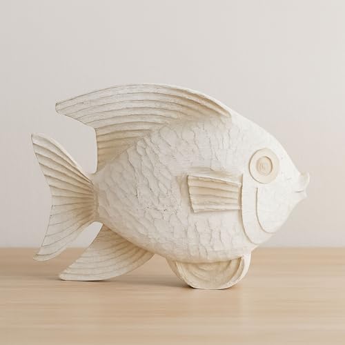 Bookshelf Decor Fish Figurine–White Wash Polyresin Decorative Accessory for Living Room, Coffee Table or Shelf – Aesthetic Boho Shelf Decor, Decorative Objects for Living Room – 13", White - size: 13"