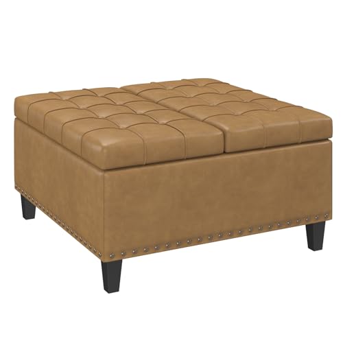 FiveWillowise 31.5 Inch Large Square Ottoman with Storage,Faux Leather | Coffee Table Storage Ottoman Bench with Lift Top Upholstered Footrest Stool Toy Box for Bedroom Living Room,Camel - color: Camle