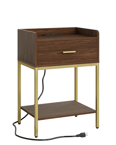 Masupu Nightstand with Charging Station, 3-Tier Modern Bedside Night Stand with Storage Drawer and Shelf, Small End Side Table for Bedroom, Living Room, Walnut - color: Outlet-brwon Walnut