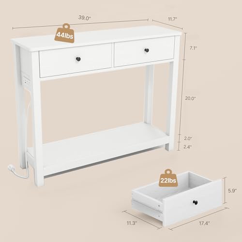 Gizoon Console Table with Outlets, White | Modern Sofa Table with 2 Drawers, Open Shelf for Living Room, Front Hall, Entrance Hall, Study Room - color: White, size: 39"W with Outlets