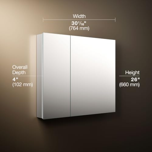 Kohler 55064-NA Embark Slim Medicine Cabinet Mirror, Adjustable Shelves with Mirrored Doors, 30 in. W x 26 in. H - size: 30 in. x 26 in., style: Flat Edge