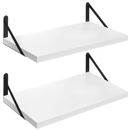 SAUMONIER Floating Shelves Bookshelf for Bedroom Bathroom Living Room Wood Wall Mounted Wide Deep Storage, White Painted 24 Inch Shelves Set of 2 - color: White Painted, size: 24 Inch