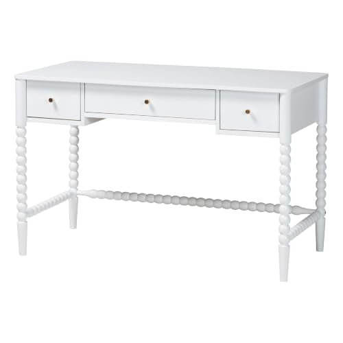 Baxton Studio Lucera Bobbin Writing Desk | 3-Drawer Home Office Desk, Spindle Frame, White - color: White