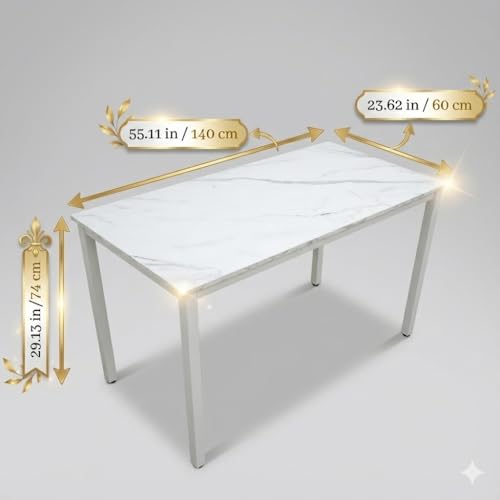 55 inch Computer Desk, White Metal Frame, Marble Grain | Wood, Modern Simple Style, For Home Office, Bedroom, Study, Student Writing Desk, Small Spaces - color: Marble, size: 55"
