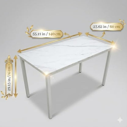 55 inch Computer Desk, White Metal Frame, Marble Grain | Wood, Modern Simple Style, For Home Office, Bedroom, Study, Student Writing Desk, Small Spaces - color: Marble, size: 55"