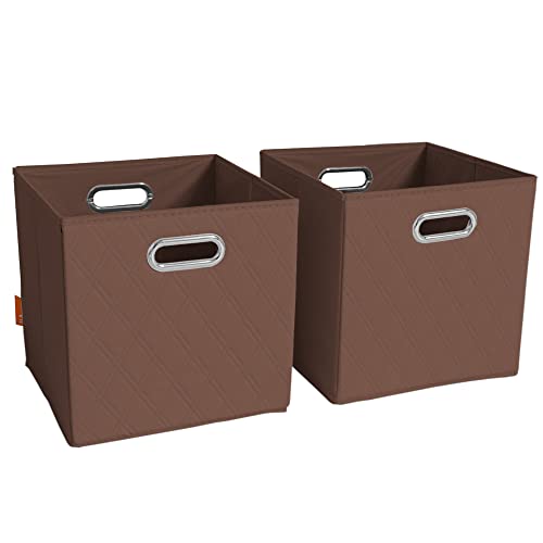 FH Group JIAessentials 13" Faux Leather Foldable Storage Cube Bins Set of 2 – Brown Diamond Patterned Organizers with Handles for Closet & Shelves - color: Brown, size: Large