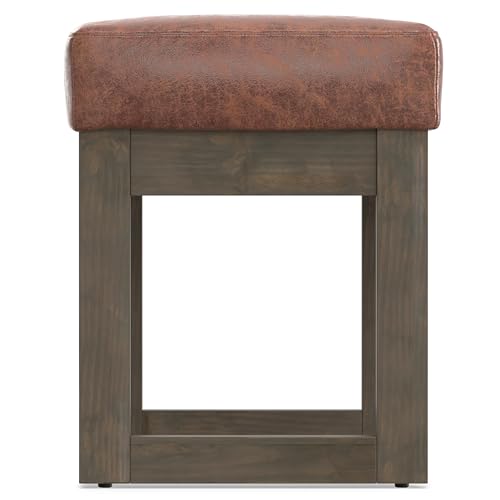 SIMPLIHOME Milltown 27" Wide Vegan Leather Ottoman in Saddle Brown | Distressed saddle brown, contemporary ottoman with a cushioned seat for bedroom seating; rectangle footstool or pouf. - color: Distressed Saddle Brown, style: Small Ottoman Bench
