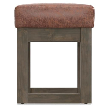 SIMPLIHOME Milltown 27" Wide Vegan Leather Ottoman in Saddle Brown | Distressed saddle brown, contemporary ottoman with a cushioned seat for bedroom seating; rectangle footstool or pouf. - color: Distressed Saddle Brown, style: Small Ottoman Bench