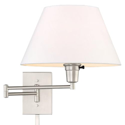Kira Home Cambridge 15" Modern Swing Arm Wall Sconce with 3-Way Switch | White Empire Fabric Shade, 2-in-1 Plug In or Hardwired Bedroom Wall Lamp, Satin Nickel Finish - color: Brushed Nickel,White Shade