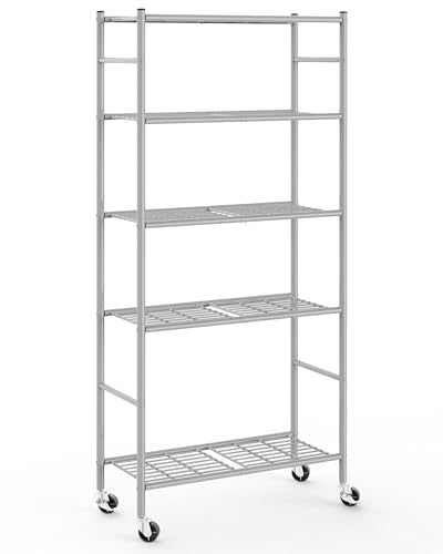 Sakugi 5-Tier Storage Shelves 33.1" x12.6' x73.5 Silver with Wheels | Kitchen, Closet, Pantry, Garage, Heavy Duty, Adjustable Feet, Metal Construction - color: Silver, size: 33.1W x 12.6D x 73.5H(5T)