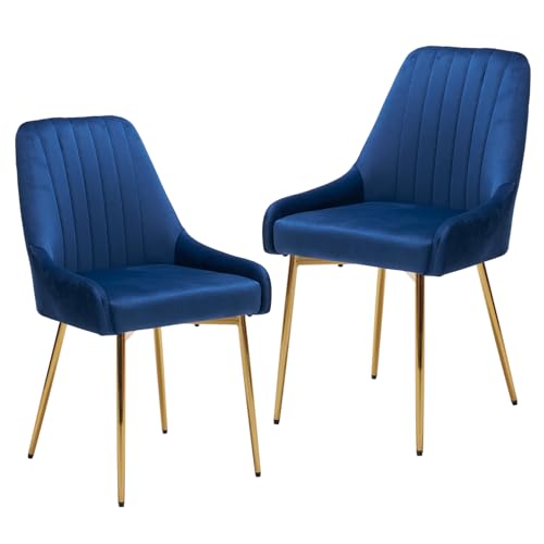 Blue Velvet Dining Chairs Set of 2, Modern Kitchen and Vanity Chairs | Modern upholstered vanity chairs with gold metal legs, stain-resistant hand-quilted fabric, high-density foam cushion seat - color: Blue, size: Set of 2