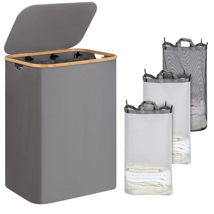 IEGrow Laundry Hamper with Lid,160L Laundry Basket with 3 Mesh Bags,Grey | Dirty Clothes Hamper Basket with Bamboo Handle for Clothes Towels - color: Grey, size: 160L