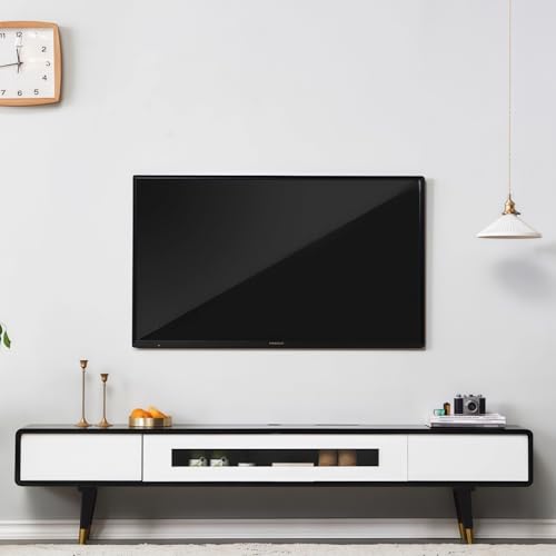 Solid Wood TV Stand, Modern Narrow Console Table with Glass Doors & Drawers, Rubberwood Entertainment Center for Living Room (Black+White,55.1" L*9.4" W*7.8" H) - color: Black+white, size: 55.1"L*9.4"W*7.8"H