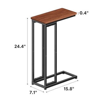 Ekisemio C-Shaped End Table Set of 2, Slide Under Sofa Side Table with Metal Frame, Rustic Brown for Living Room, Home Office, Small Spaces