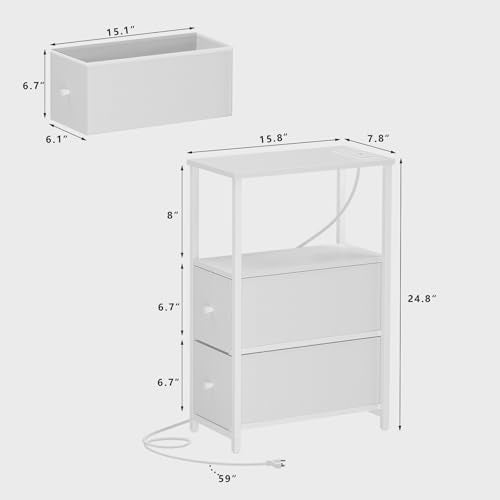 TUTOTAK Narrow LED End Table with Charging Station, Skinny Side Table | Bedside Table with Outlets, Nightstand with 2 Cloth Drawers, Couch Table for Living Room, Bedroom, White TB01BW056 - color: White, style: 2 Drawers with Plug & Light
