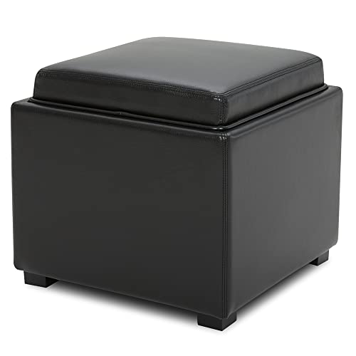 CHITA Storage Ottoman Cube with Tray Lid, Small Footstool with Storage, Square End Table for Living Room and Bedroom, Faux Leather in Black - color: Black