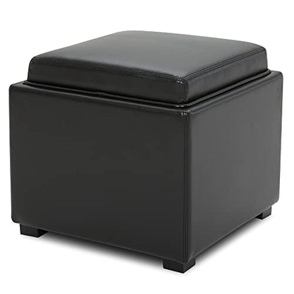 CHITA Storage Ottoman Cube with Tray Lid, Small Footstool with Storage, Square End Table for Living Room and Bedroom, Faux Leather in Black - color: Black