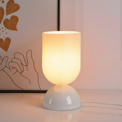 8.9" Dimmable Modern Glass Table Lamp with Dome Base, Glossy White | Nightstand Lamp, End Table Lamps for Living Room, Bedroom, Guest Room, Home, Side Tables, College Dorm, Office, UL Listed - color: White