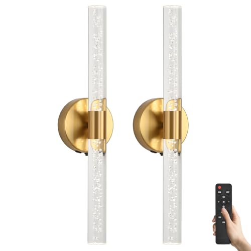 Battery Operated Wall Sconces Set of 2, Gold 20'' Rechargeable Crystal Bubble Wall Sconce with Remote Control, 3000K-6000K Dimmable LED Wireless Wall Lights for Living Room Bedroom Hallway - color: Gold