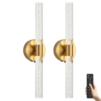 Battery Operated Wall Sconces Set of 2, Gold 20'' Rechargeable Crystal Bubble Wall Sconce with Remote Control, 3000K-6000K Dimmable LED Wireless Wall Lights for Living Room Bedroom Hallway - color: Gold