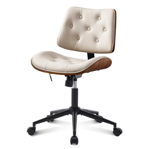Armless Home Office Chair in Button Style, PU Leather Small, Beige | PU Leather Adjustable Height Computer Desk Chair, 360 Swivel Small No Arms Office Seat, Walnut Design Stool, 300LBS Cap - color: Beige, size: Button Style
