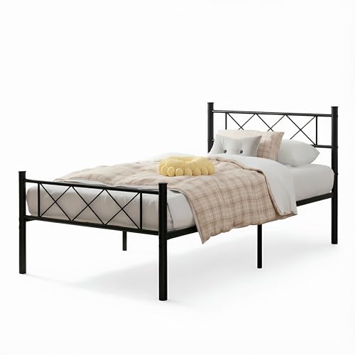 VECELO Twin Size Bed Frame with Headboard, Heavy Duty Bedframe with Strong Metal Slats, No Box Spring Needed & Easy Assembly, Matte Black - color: Matte Black, size: Twin