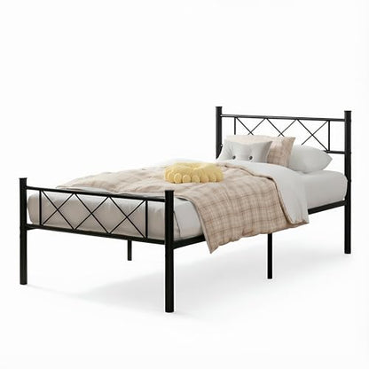 VECELO Twin Size Bed Frame with Headboard, Heavy Duty Bedframe with Strong Metal Slats, No Box Spring Needed & Easy Assembly, Matte Black - color: Matte Black, size: Twin