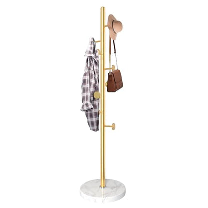 Coat Rack Stand,Golden Metal Coat Rack Freestanding with 8 Hooks | Modern Coat Rack with Natural Marble Base,Coat Hanger Stand, 3 Adjustable Coat Clothes Tree Stand for Office - color: Golden-8Hooks