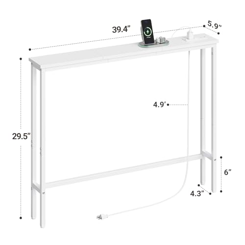 ELYKEN 39.4'' Narrow Console Table with Outlet, Sofa Table Behind Couch | Skinny Entryway Tables with Charging Station for Living Room, Hallway, 5.9 x 39.4 x 29.5in, White - color: White, size: 5.9"DX39.4"WX29.5"H
