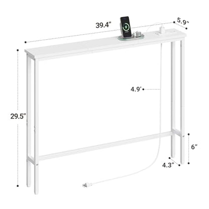 ELYKEN 39.4'' Narrow Console Table with Outlet, Sofa Table Behind Couch | Skinny Entryway Tables with Charging Station for Living Room, Hallway, 5.9 x 39.4 x 29.5in, White - color: White, size: 5.9"DX39.4"WX29.5"H