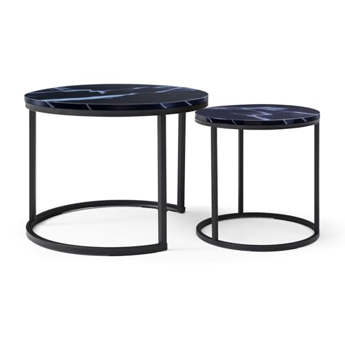 24" Marble Pattern Accent Side Table, Modern Nesting Side Tables with Metal Frame, Space-Saving Nesting Coffee Table Set for Living Room Apartment, Black - color: Black