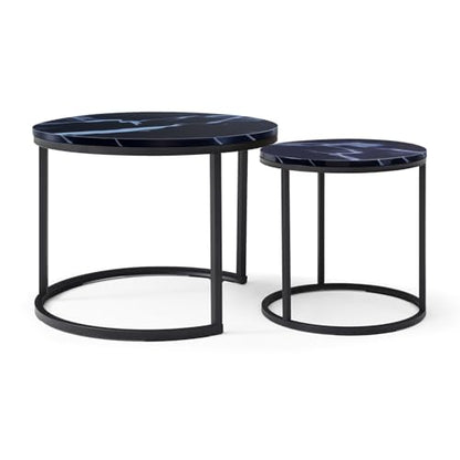 24" Marble Pattern Accent Side Table, Modern Nesting Side Tables with Metal Frame, Space-Saving Nesting Coffee Table Set for Living Room Apartment, Black - color: Black