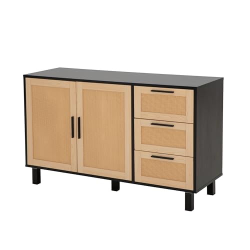 PHI VILLA Black Rattan Cabinet with Doors, Buffet Sideboard Cabinet with Drawers, 2 Door Storage Cabinets - color: Rattan 2